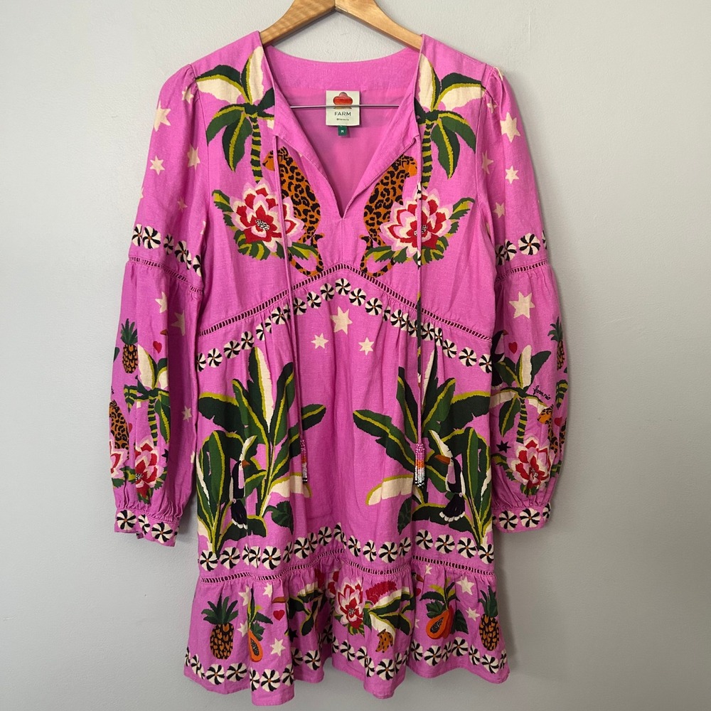 Farm Rio Pink Leopard Forest Mini Dress Womens Medium Pink Floral Beaded Boho